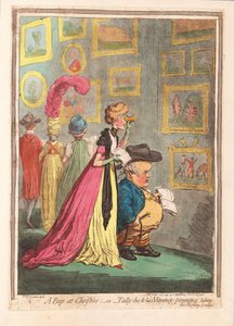 Een kijkje bij Christies; - of - tally-ho, en zijn Nimeny-pimmeney nemen de ochtendlounge, uitgegeven 1796 door James Gillray
