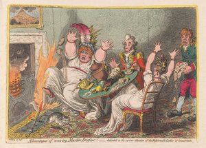 Voordelen van het dragen van mousseline jurken!, uitgegeven 1802 door James Gillray