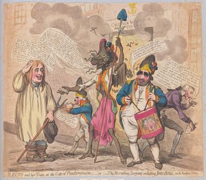 Alecto en haar gevolg bij de poort van Pandaemonium of de rekruteringssergeant die John Bull in dienst neemt voor de revolutionaire dienst, uitgegeven (handgekleurde gravure) door James Gillray