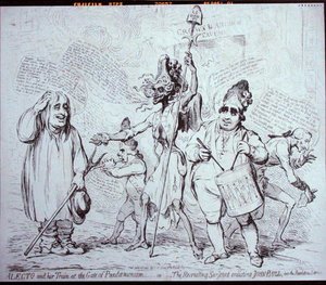 Alecto en haar gevolg bij de poort van Pandemonium, of De wervingssergeant die John Bull in dienst neemt voor de revolutiedienst, uitgegeven door S.W. Fores in 1791 door James Gillray