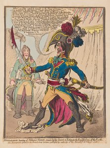 Bonaparte die hoort van Nelsons overwinning zweert bij zijn zwaard om de Engelsen van de aarde te verdrijven, uitgegeven 1798