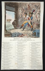 Boney en Talley, De Corsicaanse slagersrekening - Geen kwartdag!, pb. 1803 (handgekleurde gravure) door James Gillray