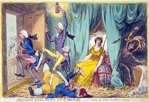 Britannia tussen de dood en de dokters, gepubliceerd door Hannah Humphrey, 20 mei 1804 door James Gillray