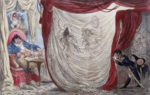 Cartoon over Napoleon, Paul Barras, Josephine en Mademoiselle de Fontenay, genaamd ook Teresa Cabarrus, genaamd Madame Tallien, of deze dames dansen naakt voor Barras, onder het stiekeme oog van Napoleon