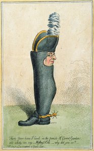 Cartoon met Kolonel Justly Watson met het lichaam van een laars, gepubliceerd door Hannah Humphrey in 1797