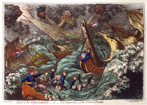 Einde van de Ierse invasie - of - De vernietiging van de Franse Armada, James Gillray 1797. Franse schepen verwoest in storm opgeblazen door Pitt, linksboven en zijn ministers. Charles James Fox en zijn oppositiebondgenoten in gevaar van verdrinking. door James Gillray