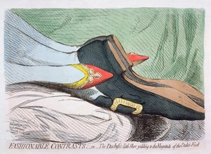 Modieuze Contrasten, of Het kleine Schoentje van de Hertogin dat toegeeft aan de Grootte van de Voet van de Hertog, gepubliceerd door Hannah Humphrey in 1792