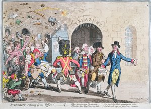 Integriteit trekt zich terug uit het ambt, gepubliceerd door Hannah Humphrey in 1801 door James Gillray