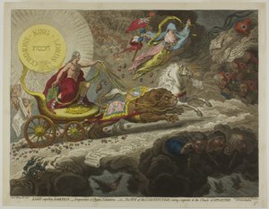 Licht verdrijft duisternis, verdamping van Stygische dampen, of de zon van de grondwet, die superieur is aan de wolken van oppositie door James Gillray