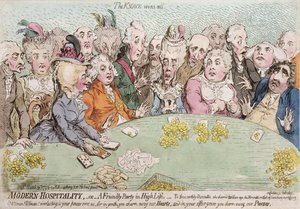 Moderne gastvrijheid, of een vriendelijke partij in het hoge leven, gepubliceerd door Hannah Humphrey in 1792