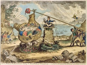 Politieke Wiskundigen die de Breedbodemige Hemisfeer Schudden, gepubliceerd door Hannah Humphrey in 1807 door James Gillray