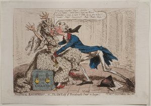Politieke Verkrachting, of De Oude Dame van Threadneedle Street in gevaar!, gepubliceerd door Hannah Humphrey, 1797