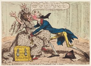 Politieke verkrachting, of de oude dame van Threadneedle Street in gevaar! door James Gillray