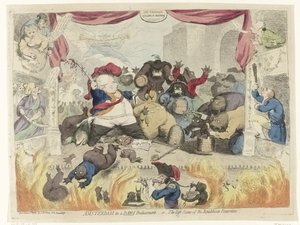 Spotprent op de paniek onder de patriotten na het herstel van stadhouder Willem V, 1787 door James Gillray