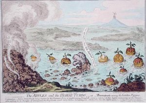 De appels en de paardenvijgen, of Buonaparte tussen de gouden pippins, gepubliceerd door Hannah Humphrey in 1800 door James Gillray