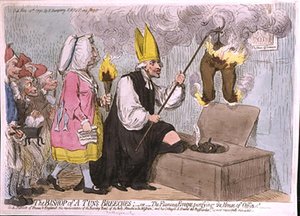 De broek van de bisschop van een ton, of De brandende eveque die het huis van kantoor zuivert, uitgegeven door Hannah Humphrey in 1792 door James Gillray