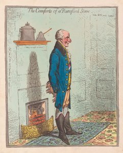 Het comfort van een Rumford-kachel, uitgegeven 1800 (handgekleurde gravure)