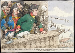 De Corsicaan en zijn Bloedhonden bij het Raam van de Tuilleries, Kijken over Parijs, gepubliceerd door Hannah Humphrey in 1815 (handgekleurde ets) door James Gillray