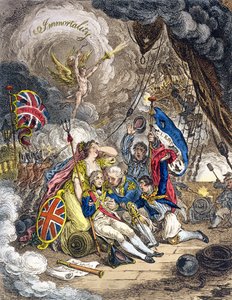 De Dood van Admiraal Lord Nelson op het Moment van Overwinning! uitgegeven door Hannah Humphrey in 1805 (handgekleurde ets)