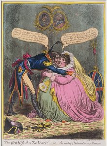 De eerste kus in tien jaar! of De ontmoeting van Britannia en burger Francois, gepubliceerd door Hannah Humphrey in 1803