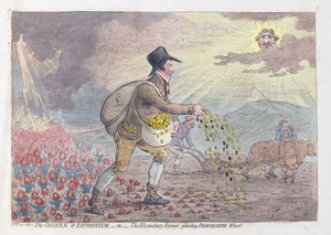 De generaal van patriottisme, of de Bloomsbury-boer die Bedfordshire-tarwe plant door James Gillray