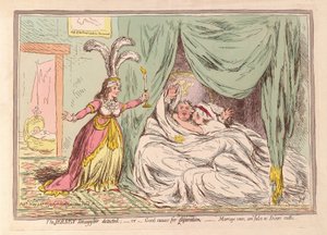 De Jersey-smokkelaar betrapt, of goede reden voor scheiding, huwelijksgeloften zijn vals als dobbelsteeneden, uitgegeven 1796 door James Gillray