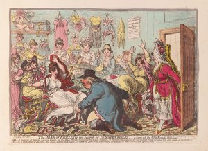 De Man van Gevoel op zoek naar Onmisbaren; een scène bij de kleine Franse Modistes, uitgegeven 1800 door James Gillray