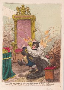 De nieuwe spreker, (d.w.z. de wet-kuiken) tussen haviken en buizerds, uitgegeven 1800 door James Gillray
