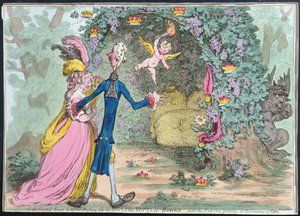 De huwelijksboog met de boze die naar de charmes van Eden gluurt, gepubliceerd door Hannah Humphrey in 1797