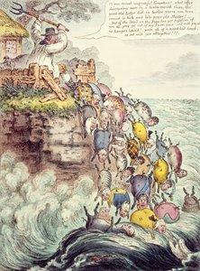 De bezeten varkens, of het breedgebouwde nest dat zich in de zee van verderf stort door James Gillray