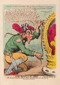 De rechten van de mens, of Tomm Paine, de kleine Amerikaanse kleermaker die de maat van de kroon neemt voor een nieuw paar revolutionaire broeken, uitgegeven 1791