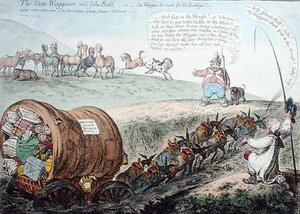 De staatswagenmenner en John Bull, of De wagen te zwaar voor de ezels! uitgegeven door Hannah Humphrey in 1804 door James Gillray