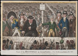 Uitzicht op de verkiezingsbijeenkomst in Covent Garden – zie de Westminster-verkiezing, november 1806
