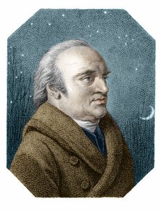 Portret van William Herschel (1738 - 1822) op een sterrenhemel achtergrond - uit een kopergravure door James Godby door James Godby