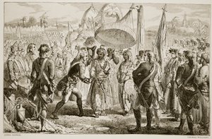 De ontmoeting van Lord Clive met Meer Jaffier, na de Slag bij Plassey, gegraveerd door Thomas Williams