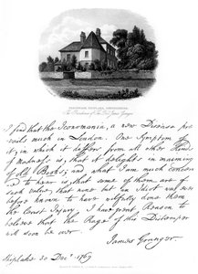 Een brief van dominee James Granger en een uitzicht op zijn woning in Shiplake door James Granger