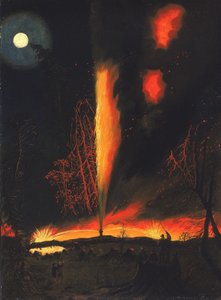 Brandende oliebron bij nacht, bij Rouseville, Pennsylvania door James Hamilton