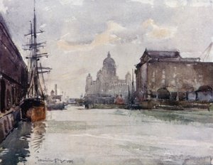 Dokbestuurskantoren vanaf het Albert Dock door James Hamilton Hay