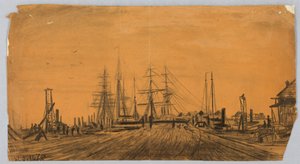 Scheepswerf en pier door James Henry Moser