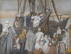 Jezus predikt in een schip, illustratie uit Het leven van onze Heer Jezus Christus
