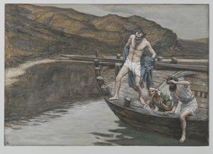 Sint-Petrus gewaarschuwd door Sint-Jan over de aanwezigheid van de Heer werpt zich in het water, illustratie uit Het leven van onze Heer Jezus Christus