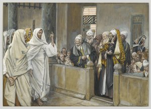 De opperpriesters vragen Jezus met welk recht Hij zo handelt door James Jacques Joseph Tissot