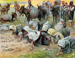 Abigail knielt voor David door Tissot - Bijbel door James Jacques Joseph after Tissot