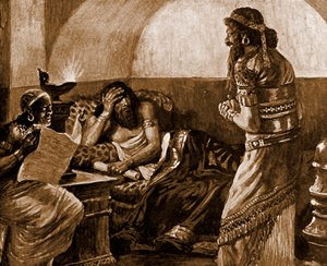 De kronieken worden voorgelezen aan Ahasveros - Bijbel door James Jacques Joseph after Tissot