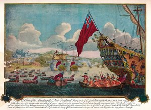 De landing van troepen uit New England op het eiland Cape Breton om Louisbourg aan te vallen