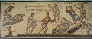 Een Romeins mozaïek dat gladiatoren toont die vechten met verschillende wapens. Galleria Borghese