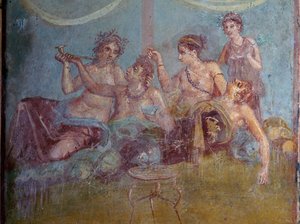 Fresco van Romeinse bovenklasse die geniet van het leven, ontdekt in Pompeii. Pompeii, Italië