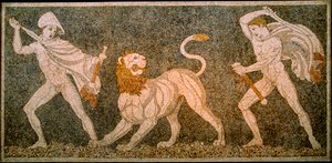 Mozaïek dat Alexander de Grote en Hephaestion toont die een leeuw doden. Pella Archeologisch Museum