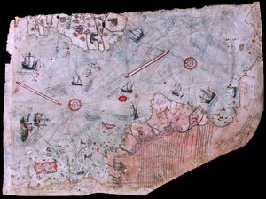 De kaart van Piri Reis Haritasi voltooid in 1513. TOPKAPI PALEIS MUSEUM, ISTANBUL, TURKIJE.