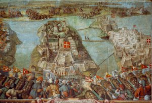 Dit fresco toont het Turkse beleg van Malta in 1565